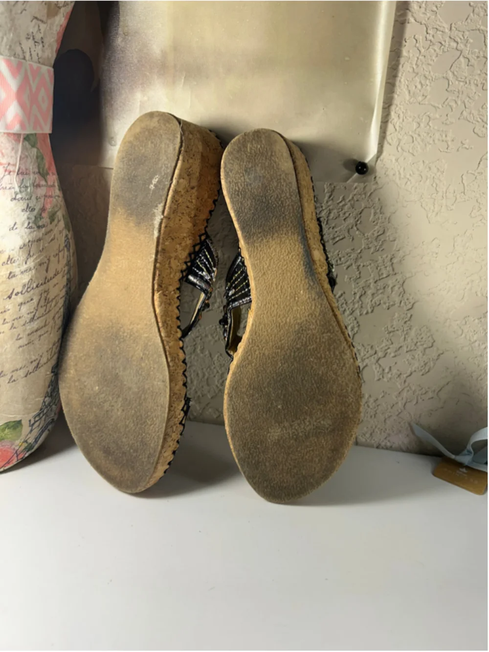 Women's Unbranded Beaded Cork Wedge Sandals Black and Gold